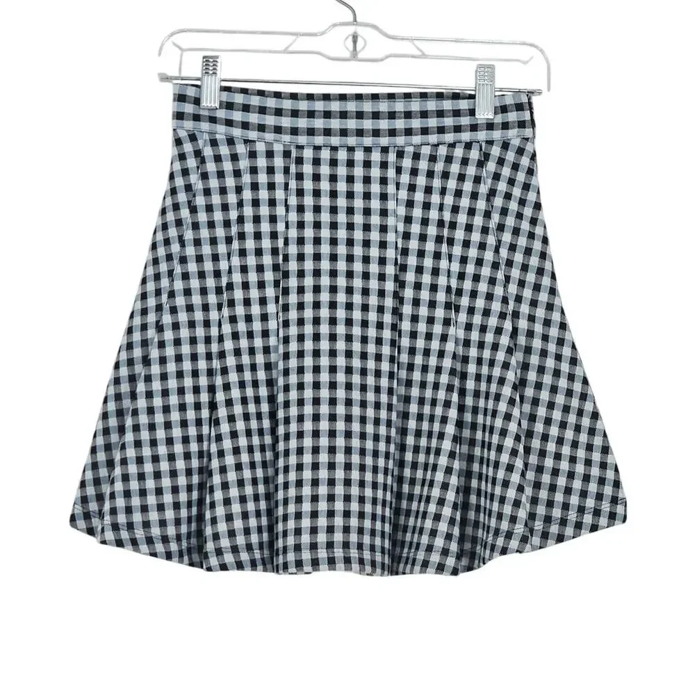 Free People Honey Gingham Pleated Skater Mini Skirt Black Multi Sz 0 EUC